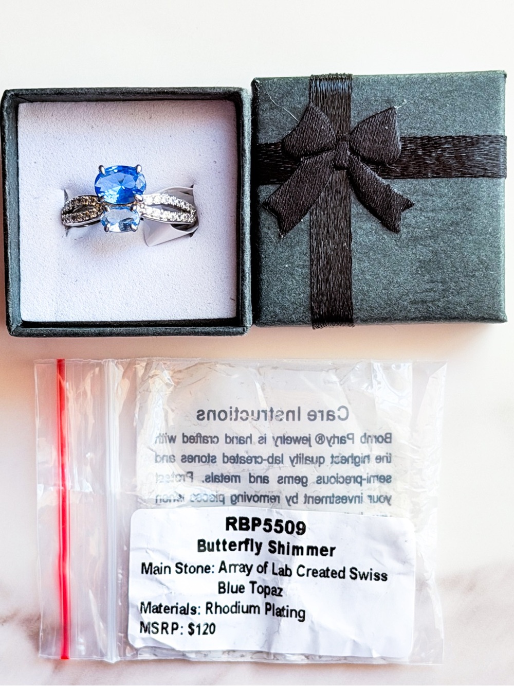 Butterfly Shimmer Blue Topaz Ring Size 8 Rhodium Plated